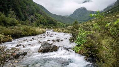 Nehir vadiden akıyor, bulutlarla kaplı dağlarla çevrili, Nelson Lakes Ulusal Parkı, Yeni Zelanda