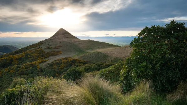 Güneş alışılmadık şekilli bir dağın ardında batıyor. Yeni Zelanda 'daki Christchurch civarındaki Port Hills bölgesinde gün batımı çekiliyor.