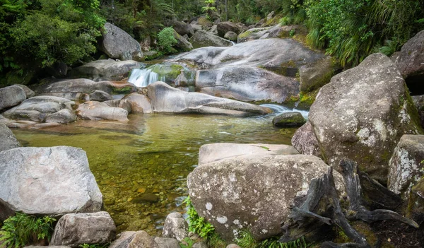 Tropisk pool med kaskader gömda i djungeln. Skjuten i Abel Tasman National Park, Nya Zeeland — Stockfoto