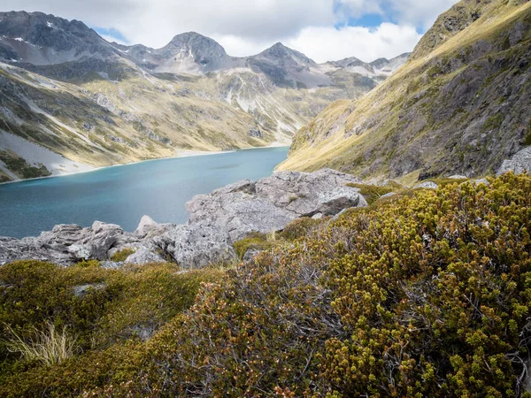 Alpin sjö omgiven av berg, skjuten på Nelson Lakes National Park, Nya Zeeland — Stockfoto