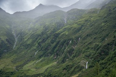 Bulutlu ve yağmurlu bir günde akan şelaleli yeşil dağ duvarları, Avusturya Alpleri.