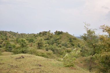 Yeşil çimenli dağ ve güzel gökyüzü görüntüsü doğanın inanılmaz güzelliğini ve sanatını gösteriyor..