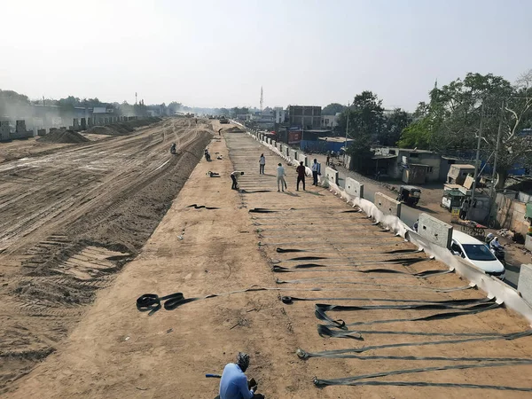 Hommes Travaillant Avec Des Tiges Fer Sur Chantier Construction Pont — Photo