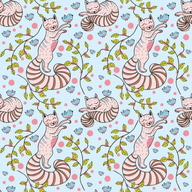 Kediler ve kuşlar soyut vektör desen arka plan görüntüsü