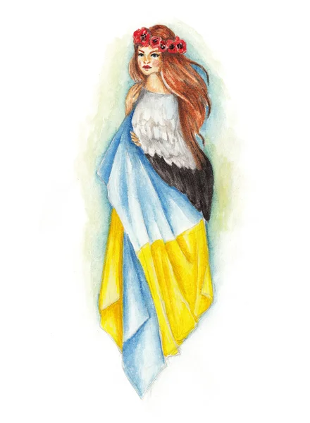 Girl wrapped in a Ukrainian flag — Stock Photo, Image