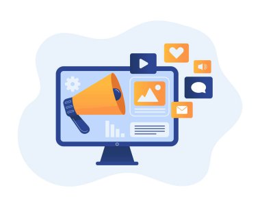 Dijital pazarlama - sosyal medya tanıtım vektörü illüstrasyonu