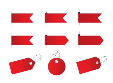 Satışlar - kırmızı fiyat etiketi ve yan kurdele kümesi vektörü