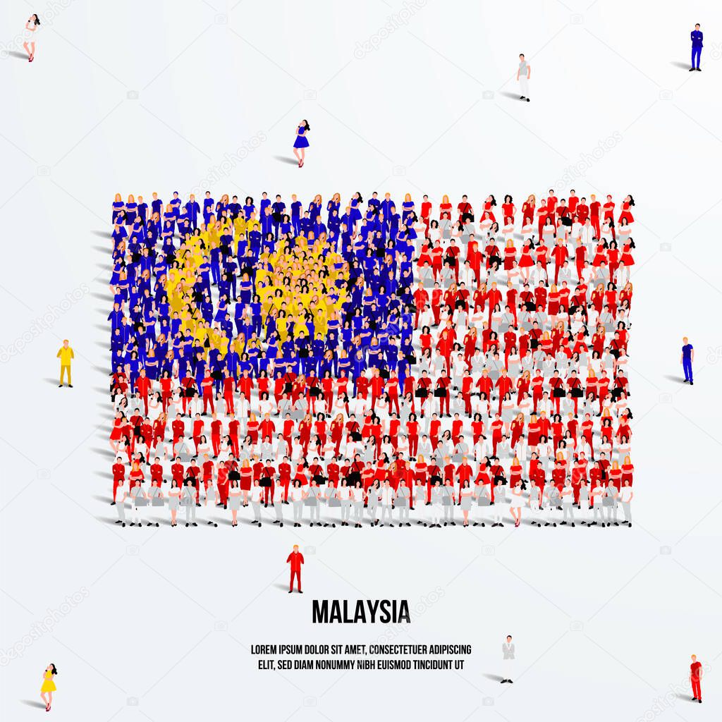 Malaysia Flag. A large group of people form to create the shape of the Malaysian flag. Vector Illustration.