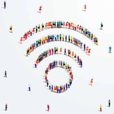 Kablosuz bağlantı şeklinde geniş bir grup insan. Kablosuz internet. Vektör illüstrasyonu
