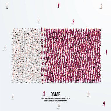 Katar Bayrağı. Katar bayrağının şeklini yaratmak için büyük bir insan grubu oluşturur. Vektör İllüstrasyonu.