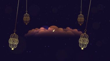 Mutlu bayramlar hareket tasarım animasyonu. Ramazan mum feneri ve camii asılmış güzel 4k bayram mübarek İslami tasarım konsepti.