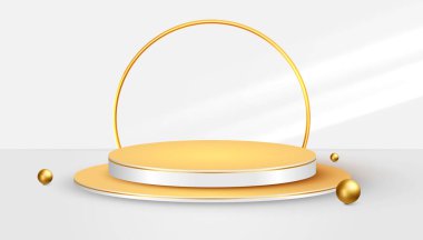 3D altın podyum ya da sahne ışıkları beyaz arka planda, birincilik, şöhret ve popülerlik. Ürün sunumu için vektör illüstrasyonu, vitrin, promosyon, satış.