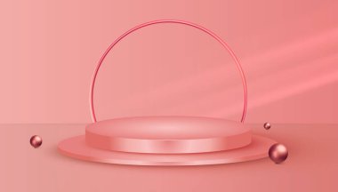 Zarif pembe pastel podyum veya sahne. Reklamlar, afişler veya dergi geçmişi için 3D Gerçekçi Maket Tasarım Şablonu. Vektör İllüstrasyonu.