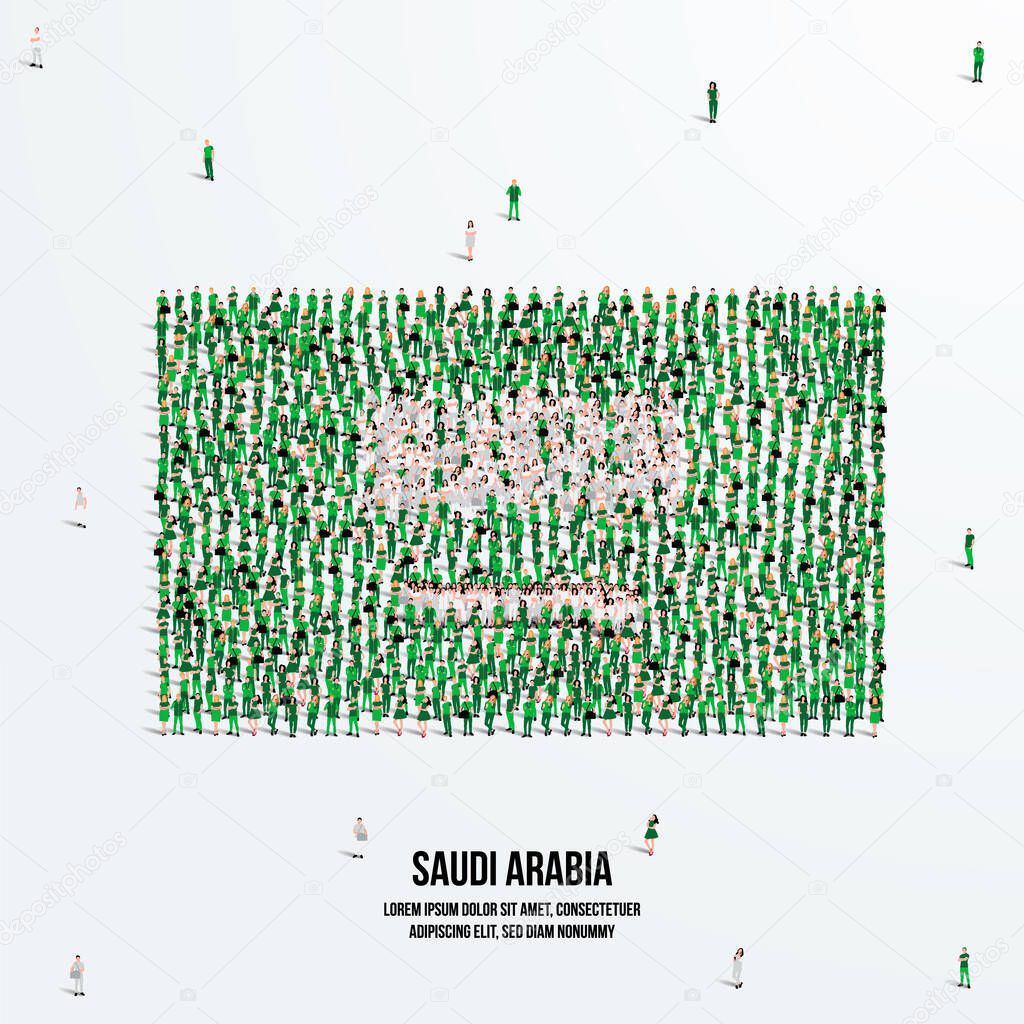 KSA Flag. A large group of people form to create the shape of the Saudi Arabia flag. Vector Illustration.