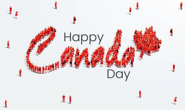 Mutlu Kanada Günü Kutlama Kartı Tasarımı. Akçaağaç yaprağı yapmak için büyük bir insan grubu oluşturur. 1 Temmuz kutlama geçmişi. Vektör İllüstrasyonu.