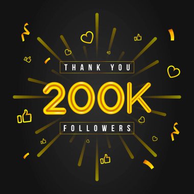 Teşekkürler 200 bin takipçi tasarımı. 200.000 ya da 200 bin takipçiyi kutluyoruz. Vektör illüstrasyonu.