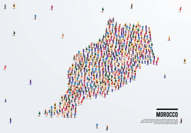 Fas haritası. Fas Haritası 'nın şeklini oluşturmak için geniş bir grup insan oluşturur. vektör illüstrasyonu.