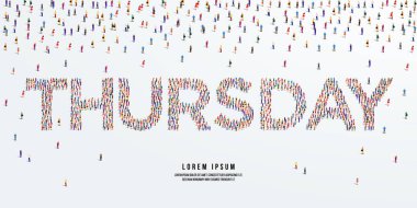 Perşembe görüşürüz. Büyük bir grup insan Perşembe günü bu kelimeyi yaratmak için toplanıyor. Vektör illüstrasyonu.