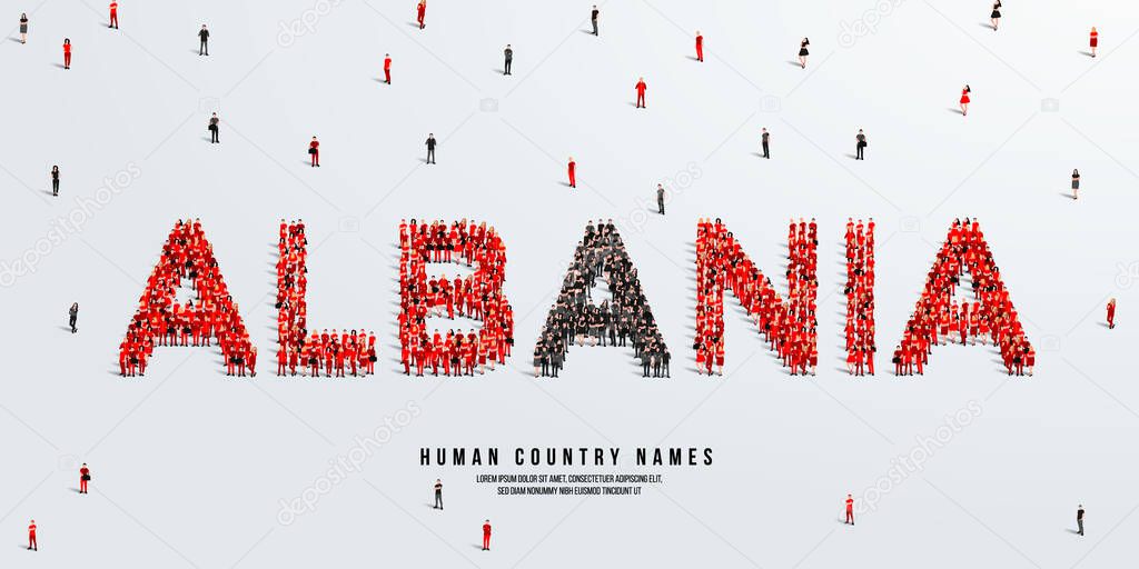 A crowd of people stands, making up the word Albania. Albania flag made from people. Vector illustration isolated on white background.