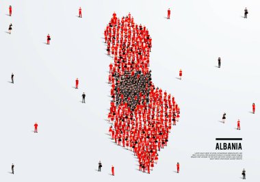 Arnavutluk Harita ve Bayrağı. Haritayı yaratmak için Arnavut bayrağı renginde büyük bir grup insan. Vektör İllüstrasyonu.