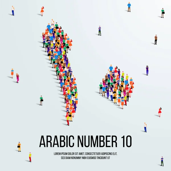 Grande Gruppo Persone Formano Creare Numero Dieci Arabo Persone Font — Vettoriale Stock