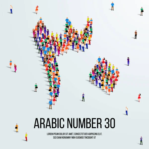 Large Group People Form Create Number Thirty Arabic People Font — Vettoriale Stock
