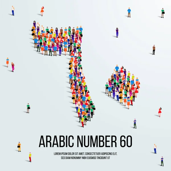 Large Group People Form Create Number Sixty Arabic People Font — Vettoriale Stock