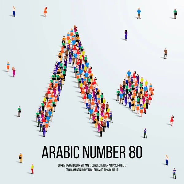 Large Group People Form Create Number Eighty Arabic People Font — ストックベクタ