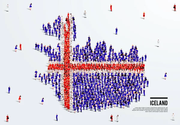 Mapa Flaga Islandii Duża Grupa Ludzi Islandzkim Kolorze Flagi Tworzy — Wektor stockowy