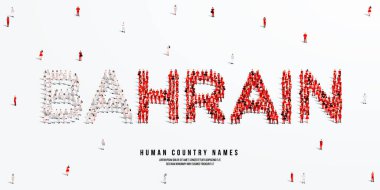 Bahreyn kelimesini uyduran büyük bir grup insan ayakta duruyor. Kalabalıktan yapılmış bahreyn bayrağı. Vektör illüstrasyonu beyaz arkaplanda izole edildi.