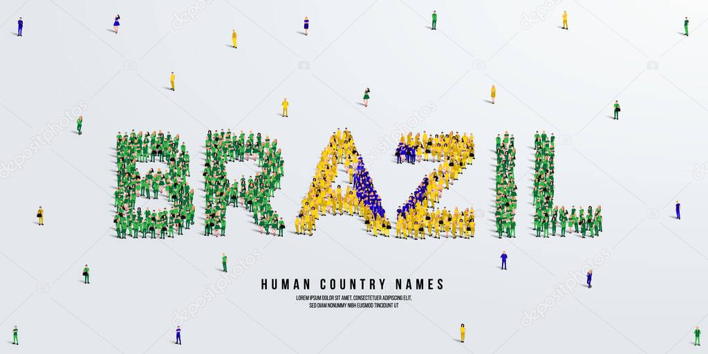 A large group of people stands, making up the word Brazil. Brazil flag made from people crowd. Vector illustration isolated on white background.