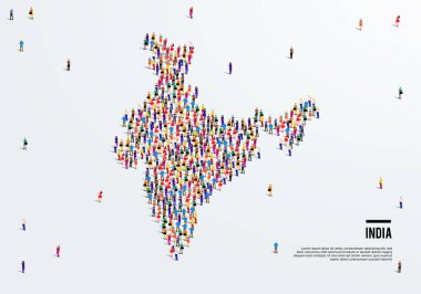 Hindistan Haritası. Hindistan Haritası 'nın şeklini oluşturmak için geniş bir grup insan oluşturur. vektör illüstrasyonu.