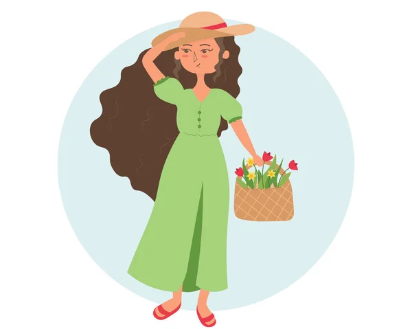 Linda Chica Dibujos Animados Con Cesta Flores Con Vestido Verde — Vector de stock