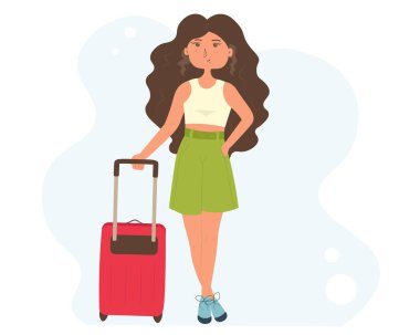 Mavi arka planda bavulu olan sevimli çizgi film kızı tatile hazır.