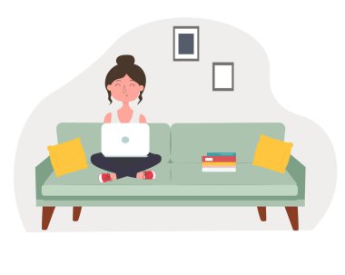 Dizüstü bilgisayarla kanepede oturan çizgi film kızı.