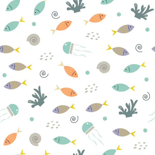 Seamless sea pattern with fish and jellyfish — Stock Vector