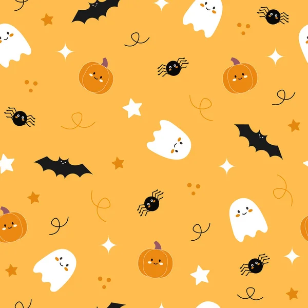 Halloween Sömlöst Mönster Med Spöken Spindlar Pumpor Och Fladdermöss Royaltyfria illustrationer