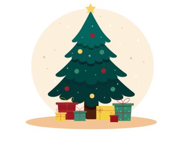 Çizgi film düz Noel ağacı ve Noel hediyeleri