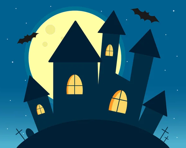 Halloween hrad v noci s hroby a netopýry — Stockový vektor