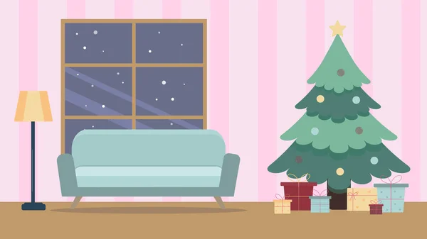 Tecknad vardagsrum med soffa och julgran Stockillustration