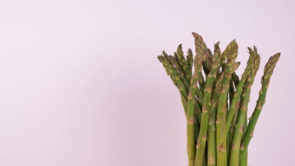 Close Asparagus Rotating Wood White Background — Stock Video