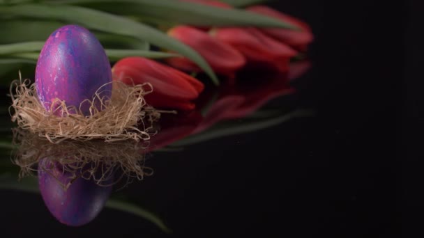 Colorido Huevo Pascua Panorámica Mesa Negra Tulipanes Rojos Fondo — Vídeo de stock