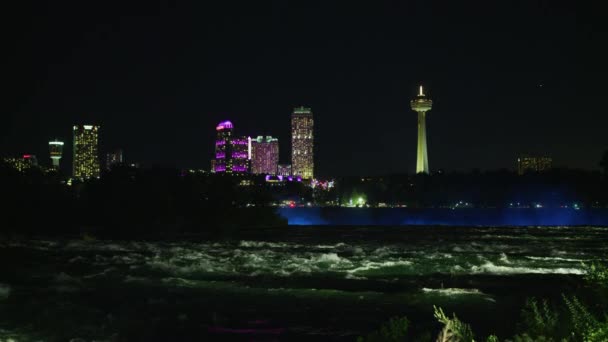 Nachtansicht Von Niagara River Und Niagara Falls — Stockvideo