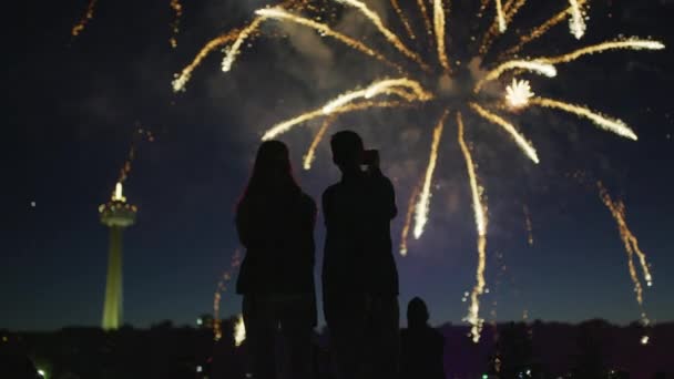 Gente Admirando Espectáculo Fuegos Artificiales — Vídeos de Stock