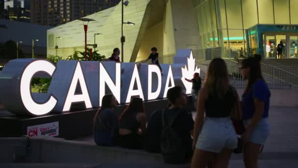 Des Gens Qui Détendent Posent Panneau Canada Toronto — Video