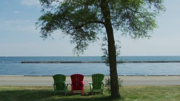 Toronto Daki Ontario Gölü Kıyısında Renkli Sandalyeler — Stok video