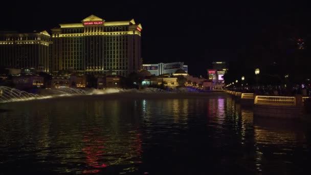 Bellagio Fontäner Och Caesars Palace Las Vegas Natten Usa — Stockvideo