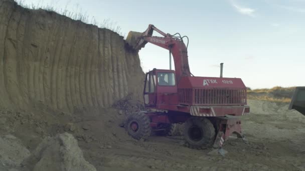Red Excavator Digging — Stock Video