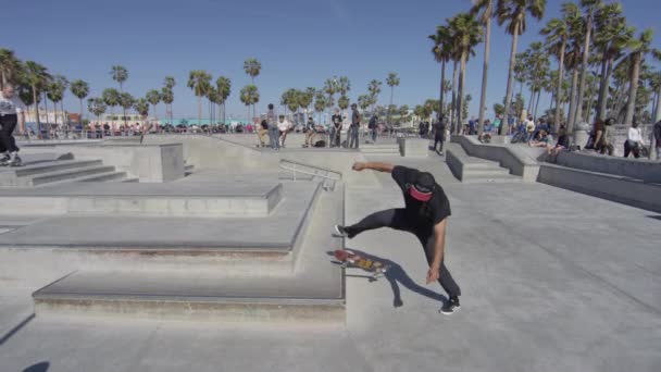 Hombre Skateboarding Venice Skate Park — Vídeo de stock