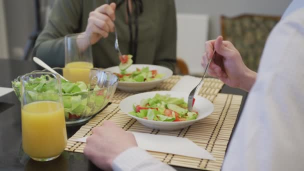 Cropped Footage People Eating Salad Together — стоковое видео